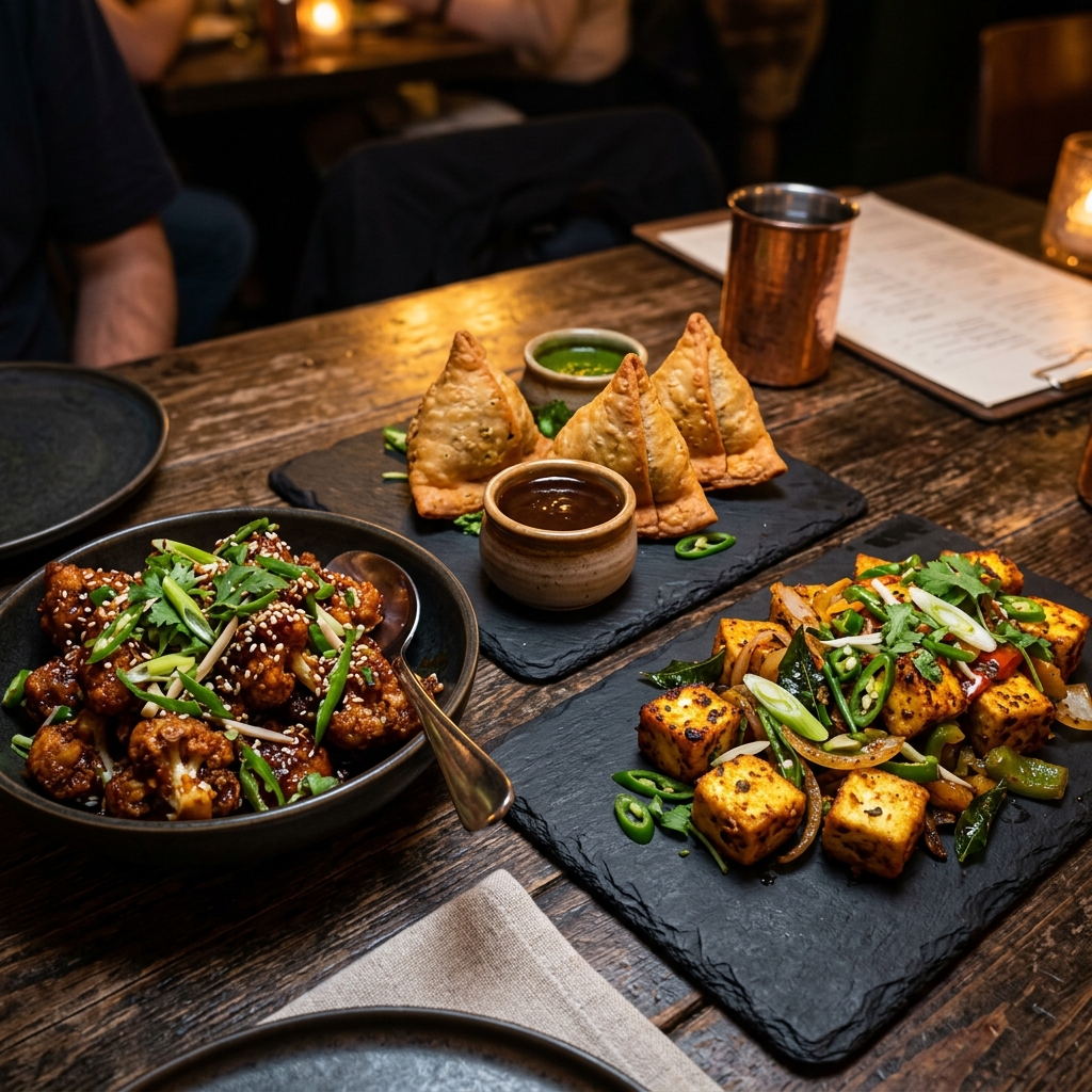 Gobi Manchurian, Paneer 555, Samosas and Onion Pakora – authentic South Indian vegetarian appetizers at Parotta Palace near St. Louis, Missouri