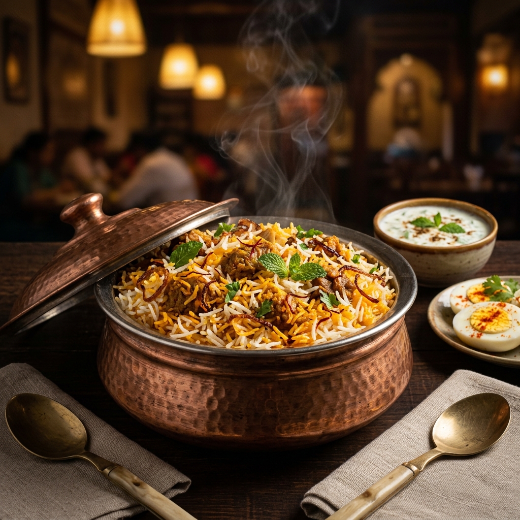 Hyderabadi Dum Biryani in copper handi with saffron rice at Parotta Palace – best biryani restaurant in St. Louis area
