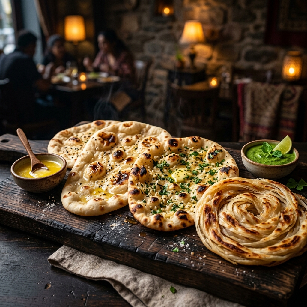 Garlic Naan, Butter Naan and layered parotta on a wooden board – fresh Indian breads at Parotta Palace near St. Louis