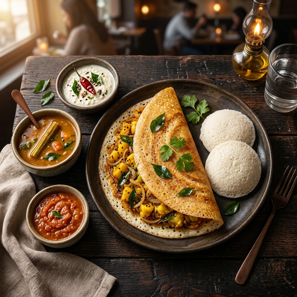 Crispy masala dosa and soft idly served with coconut chutney and sambar – best South Indian breakfast in St. Louis area