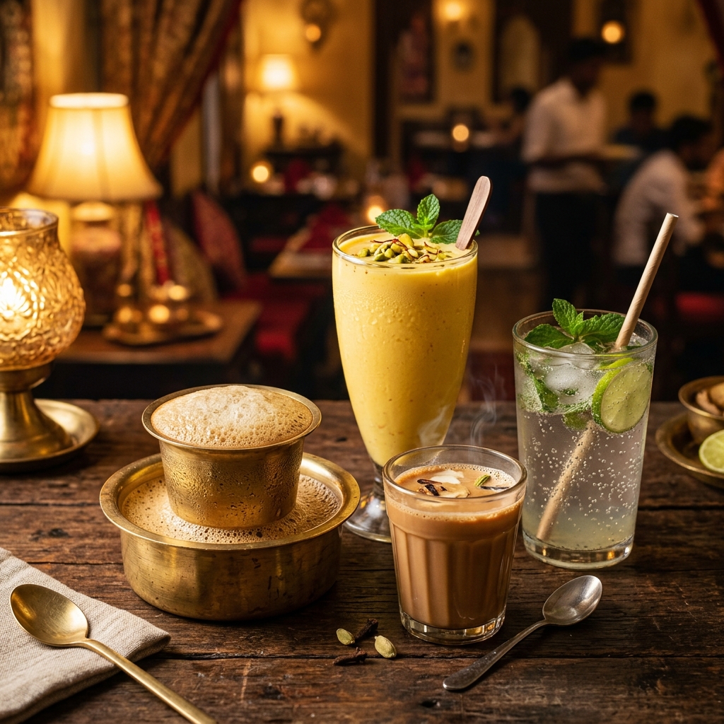 Madras filter coffee, Bombay masala tea, mango lassi and fresh lime soda at Parotta Palace – best Indian drinks in St. Louis