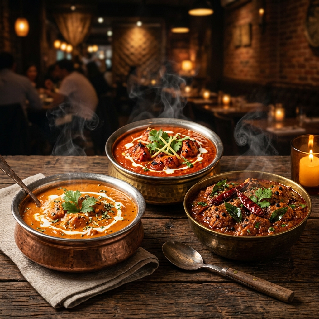 Butter Chicken, Chicken Tikka Masala, and Chettinad curry at Parotta Palace – best Indian non-veg entrees in St. Louis Missouri