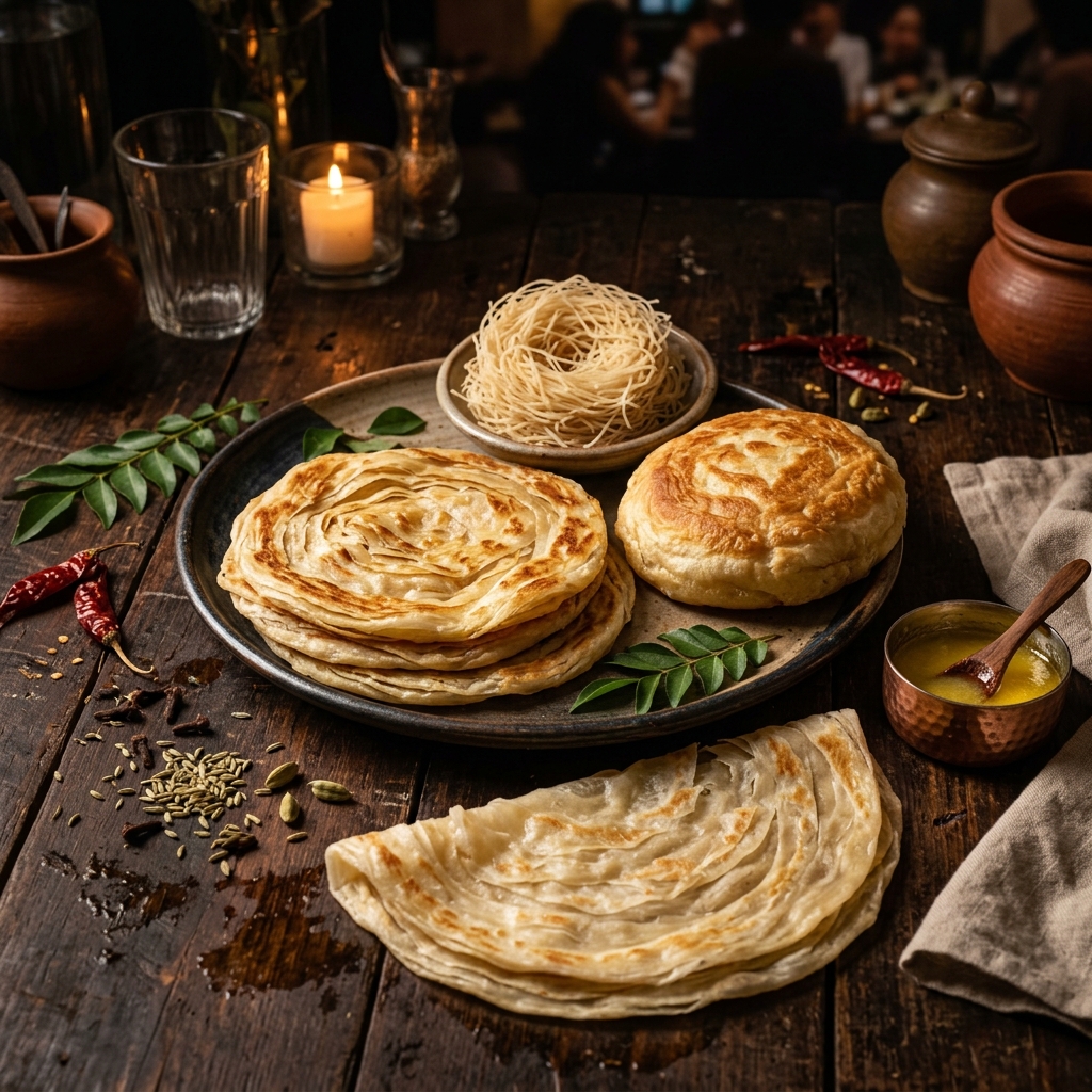 Malabar Parotta, Bun Parotta, Nool Parotta and Veechu Parotta – signature hand-crafted South Indian flatbreads from the Royal Parotta Collection at Parotta Palace, St. Louis MO