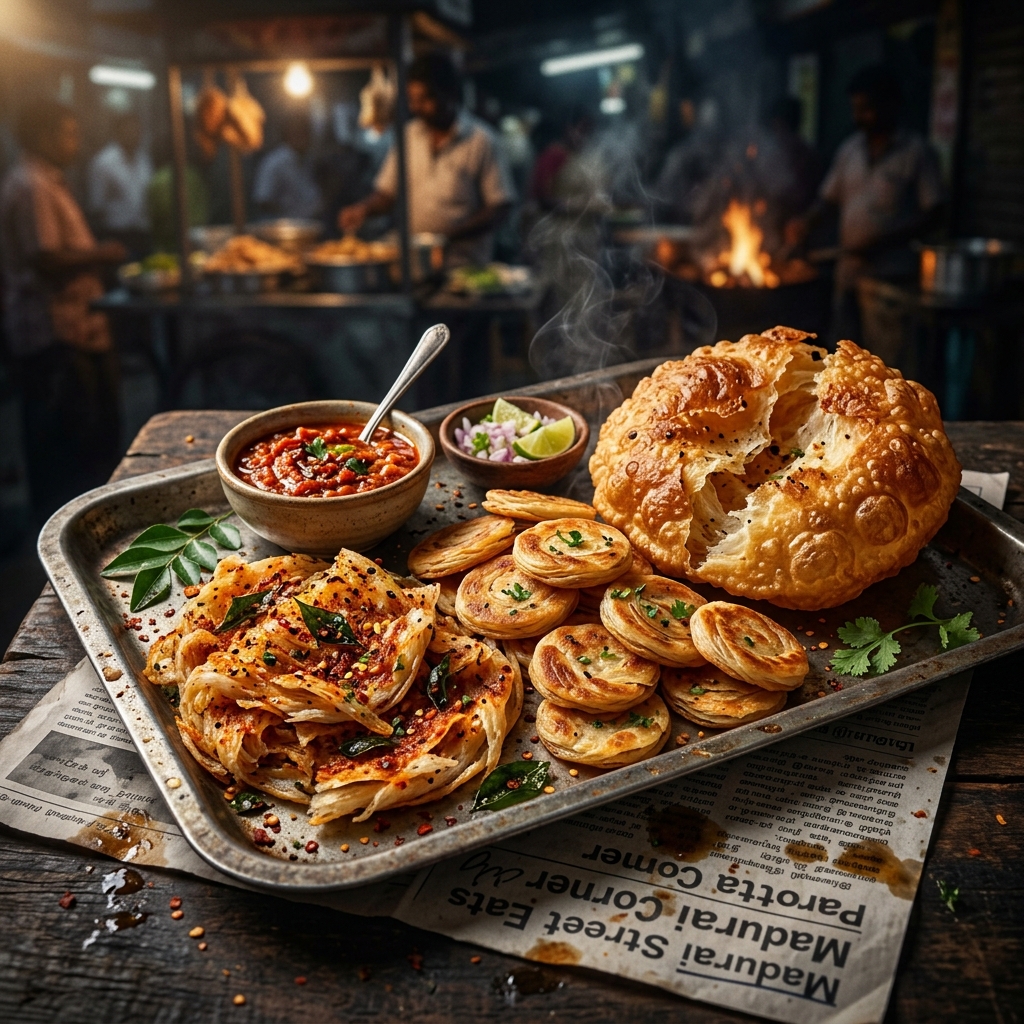 Kizhi Parotta, Coin Parotta and Poricha Parotta – hand-torn, crispy, and deep-fried street style South Indian parottas at Parotta Palace near St. Louis