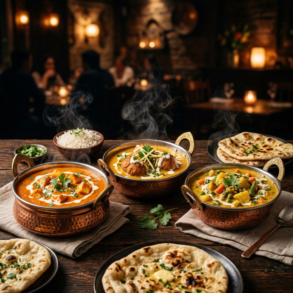 Paneer butter masala, Malai Kofta and Vegetable Korma in copper bowls at Parotta Palace – best Indian vegetarian food near St. Louis