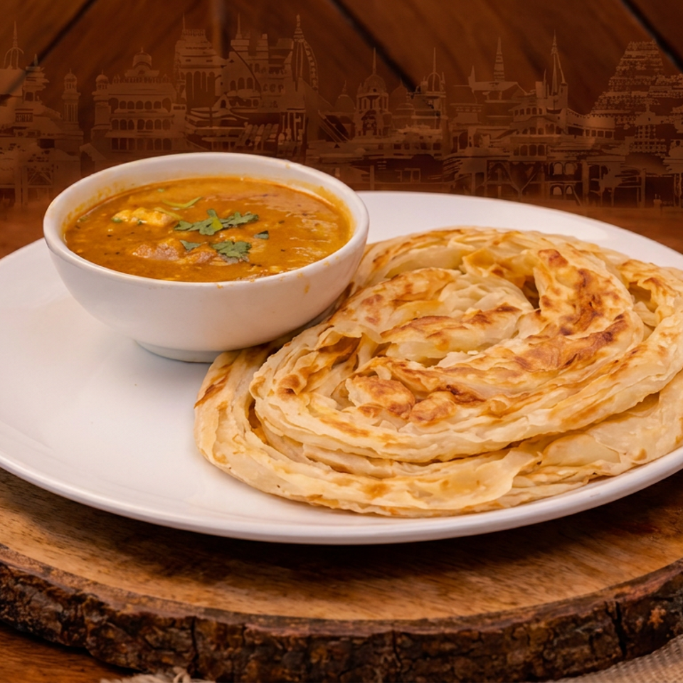 Flaky layered flatbreads served with a bowl of spiced curry on a white plate atop a wooden serving board.