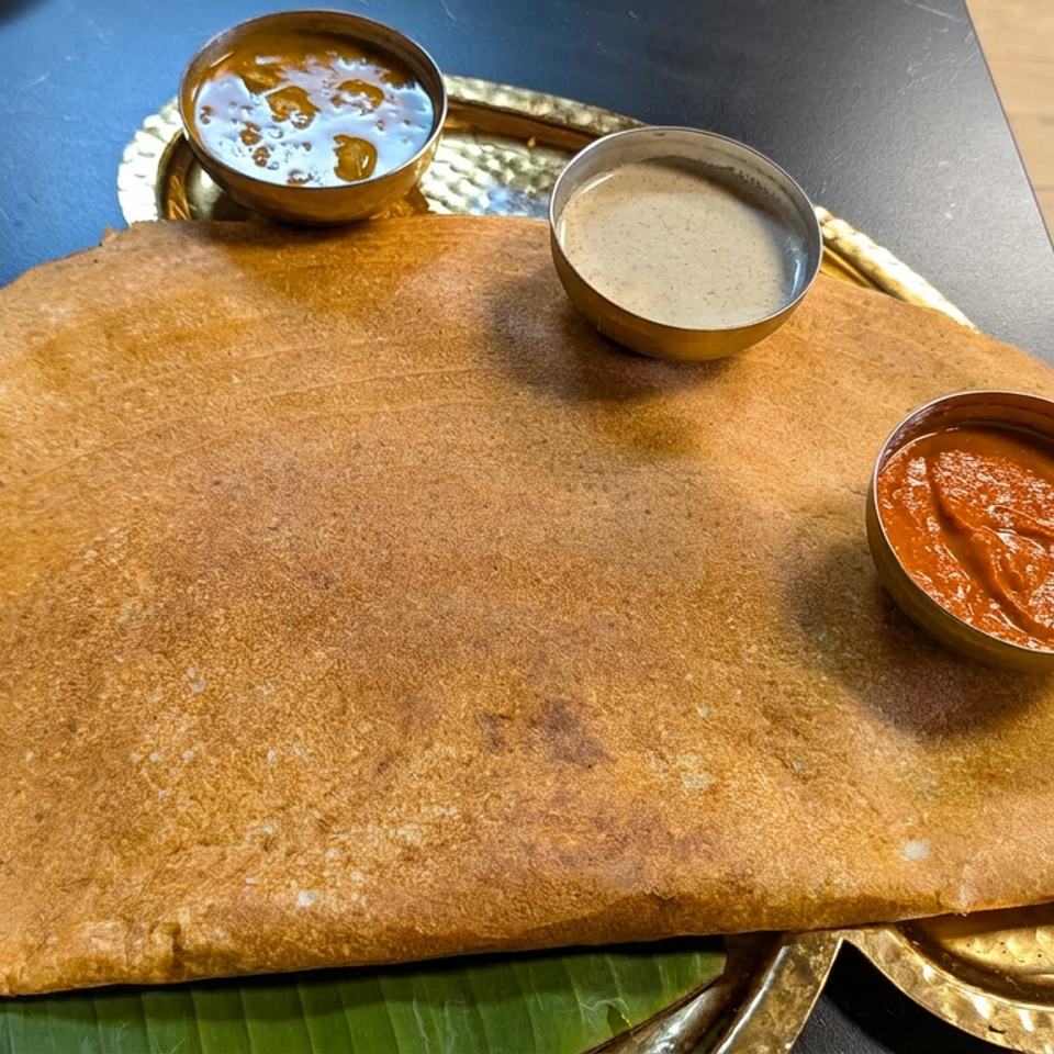 Large crisp South Indian dosa served on a brass tray with three bowls of chutney and sambar.