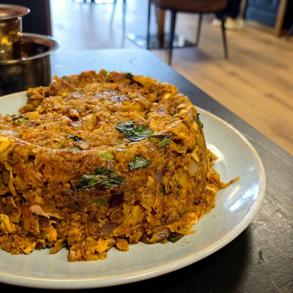 Golden, spiced rice dish garnished with curry leaves sits on a plate beside metal serving bowls in a restaurant.