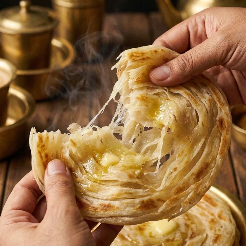 Hands pull apart a steaming, flaky layered flatbread over a wooden table with brass cups and dipping sauce.
