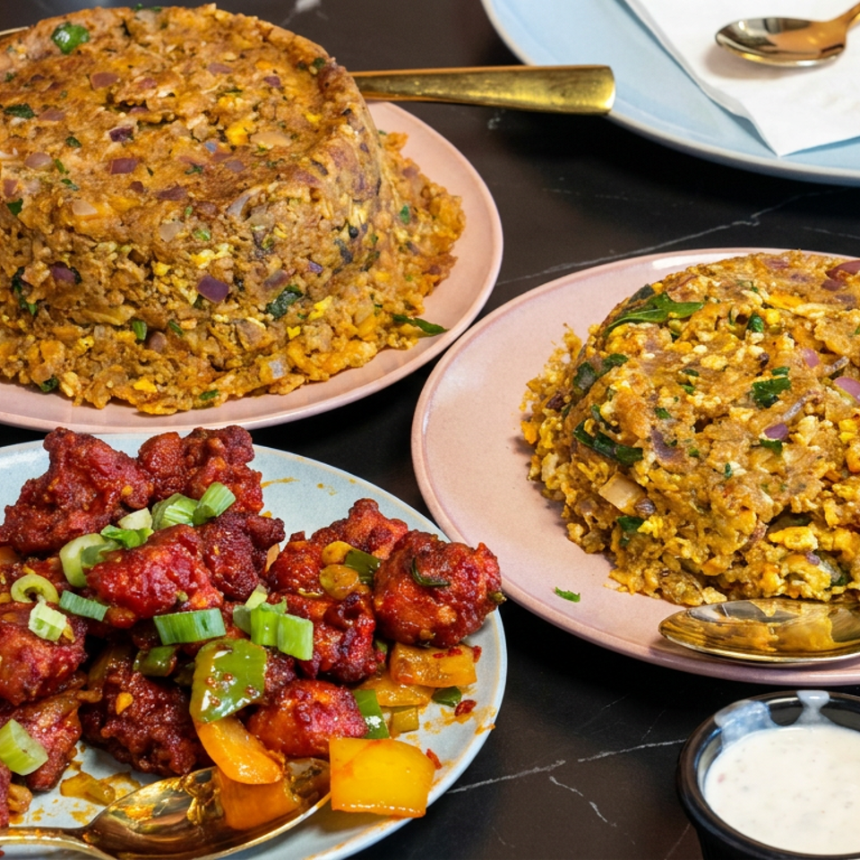 Two plates of spiced rice, a plate of crispy red chicken with peppers, and dipping sauce on a dark table.