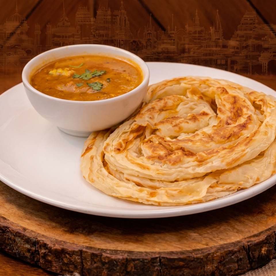 Flaky golden paratha served with a bowl of spiced curry on a white plate atop a rustic wooden table.