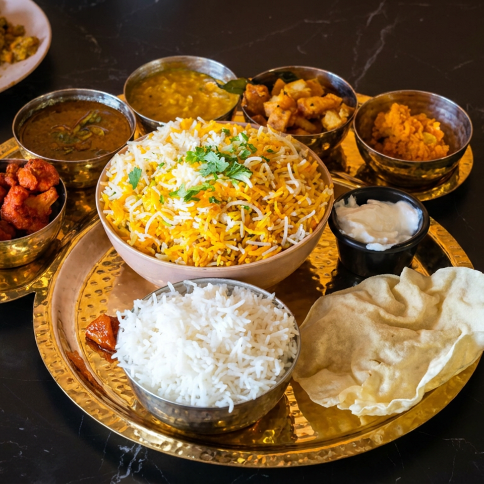 Indian thali platter with biryani, white rice, curries, fried appetizers, yogurt, papad, and chutney on a black marble table.