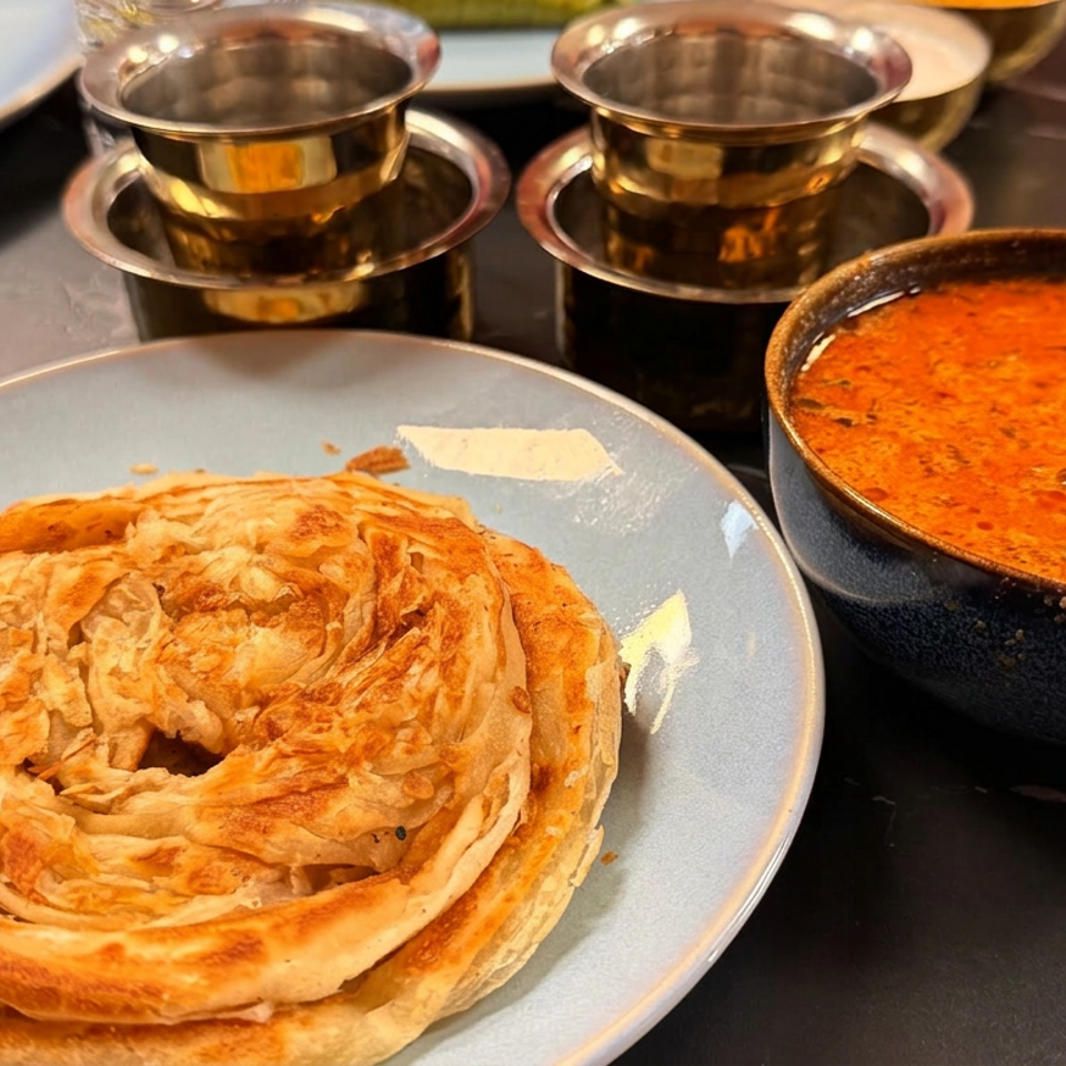 Layered golden flatbread on a plate with a bowl of creamy red curry and metal cups on a restaurant table.