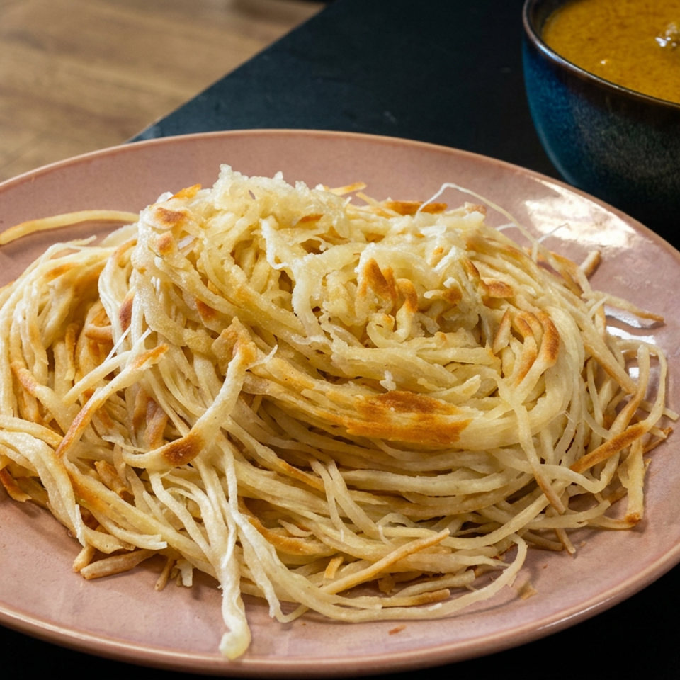 Crispy shredded potato nest served on a pink plate with a bowl of golden curry in the background.