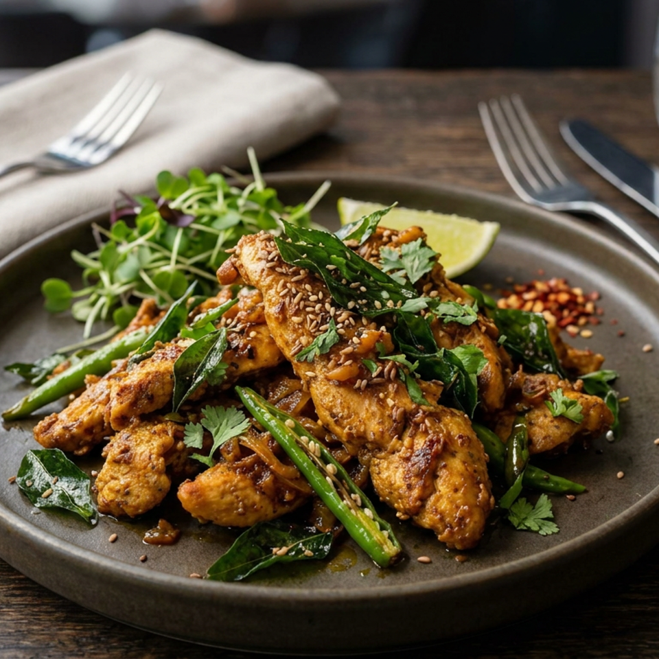 A plated spiced chicken dish with green beans, herbs, sesame seeds, lime, and microgreens on a dark ceramic plate.