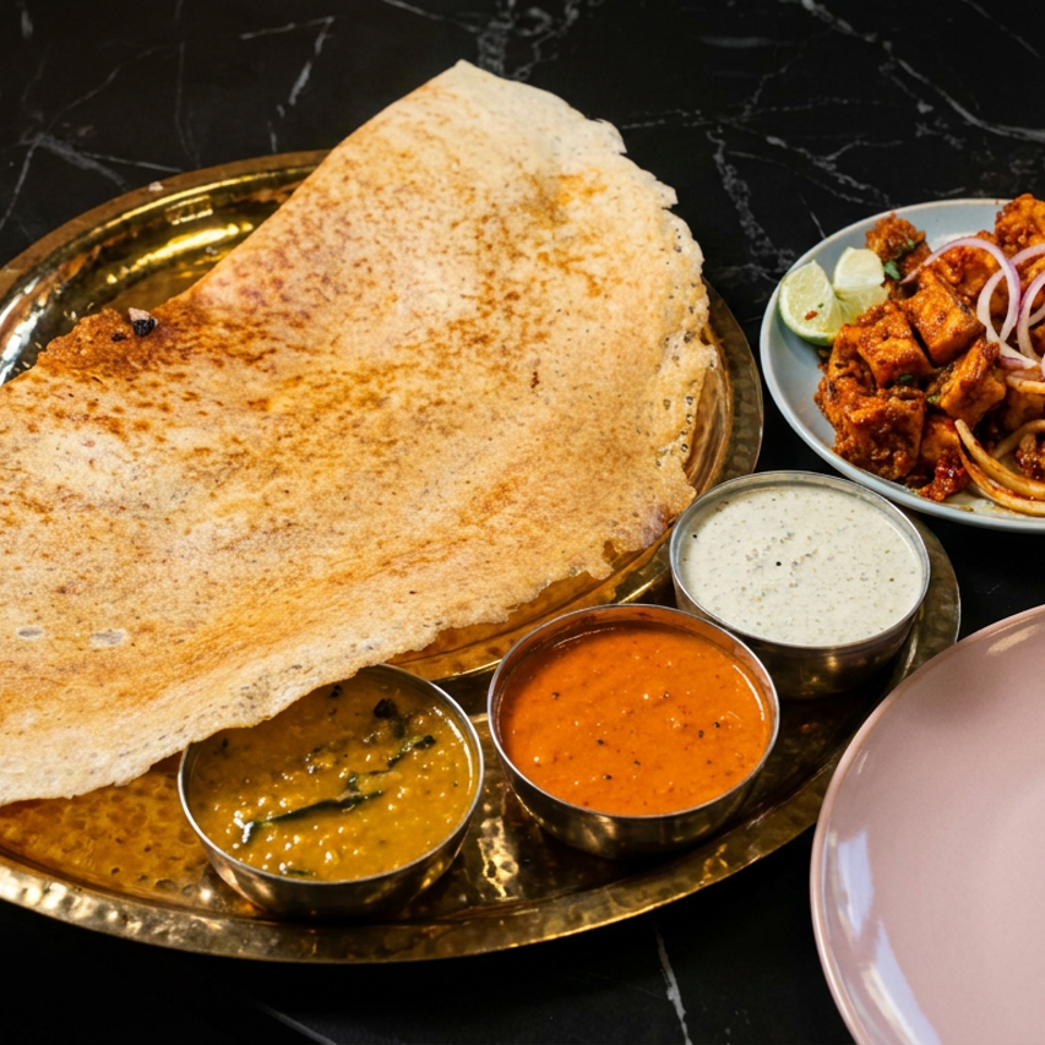 Crisp folded dosa served with three chutneys, spiced paneer, onions, and lime on a brass platter.