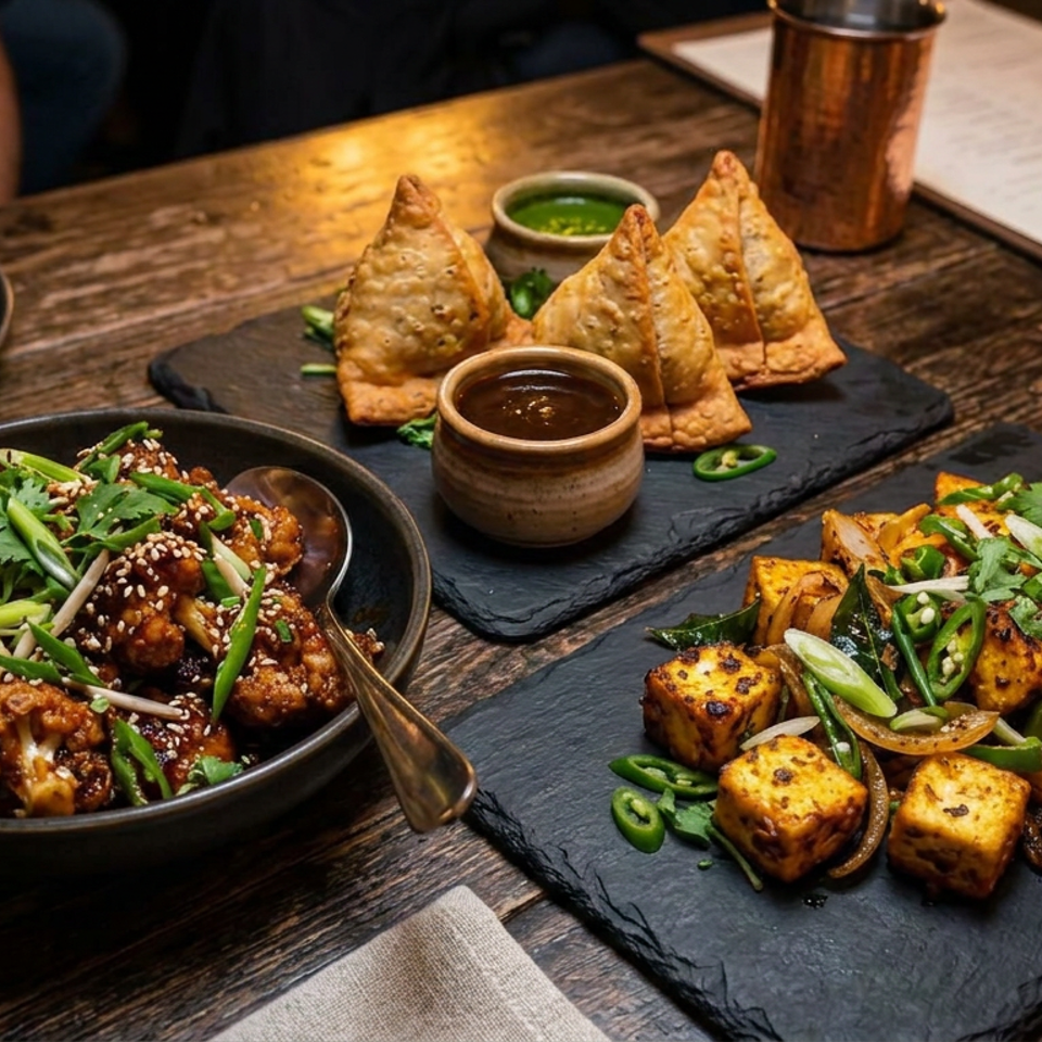 Indian-inspired spread featuring samosas with dipping sauces, sesame-glazed cauliflower, and spiced paneer with peppers on slate plates.